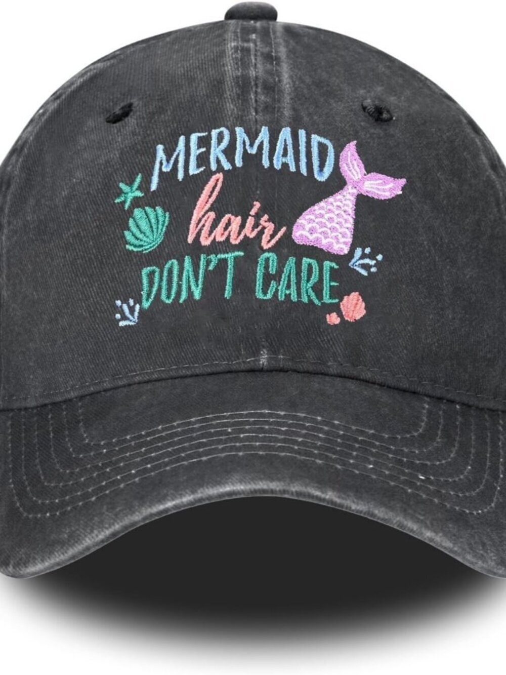 Women's Embroidery Adjustable Washed Distressed Casual Trucker Hat Mermaid